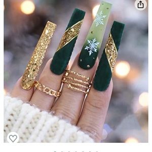 Green and white snowflakes long coffin press on nails